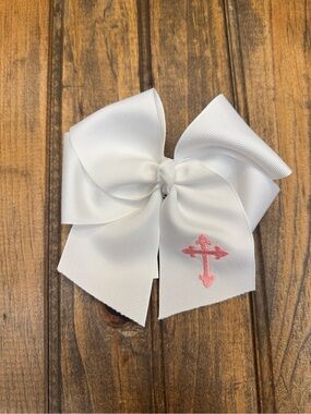White Girls Grosgrain Hair Bow with Pink Cross Embroidery